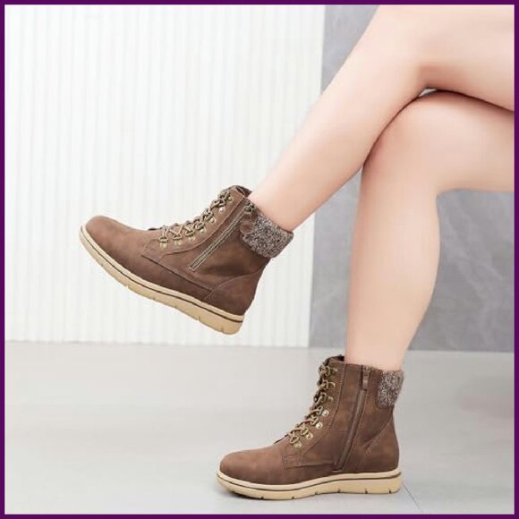 Wide Width Ankle Boots Flat Heel Side Zipper Lace Up Booties - Picture 3 of 7